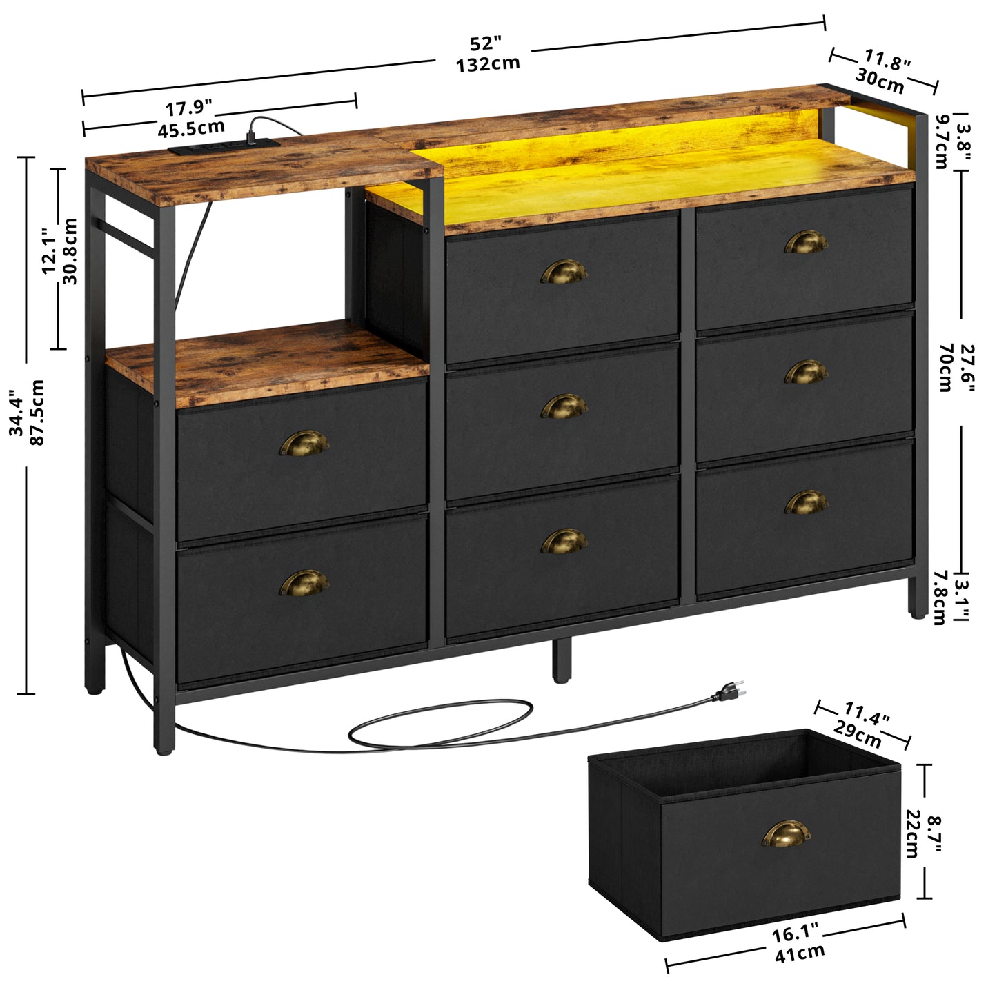 Commode LED avec 8 tiroirs en cuir PU