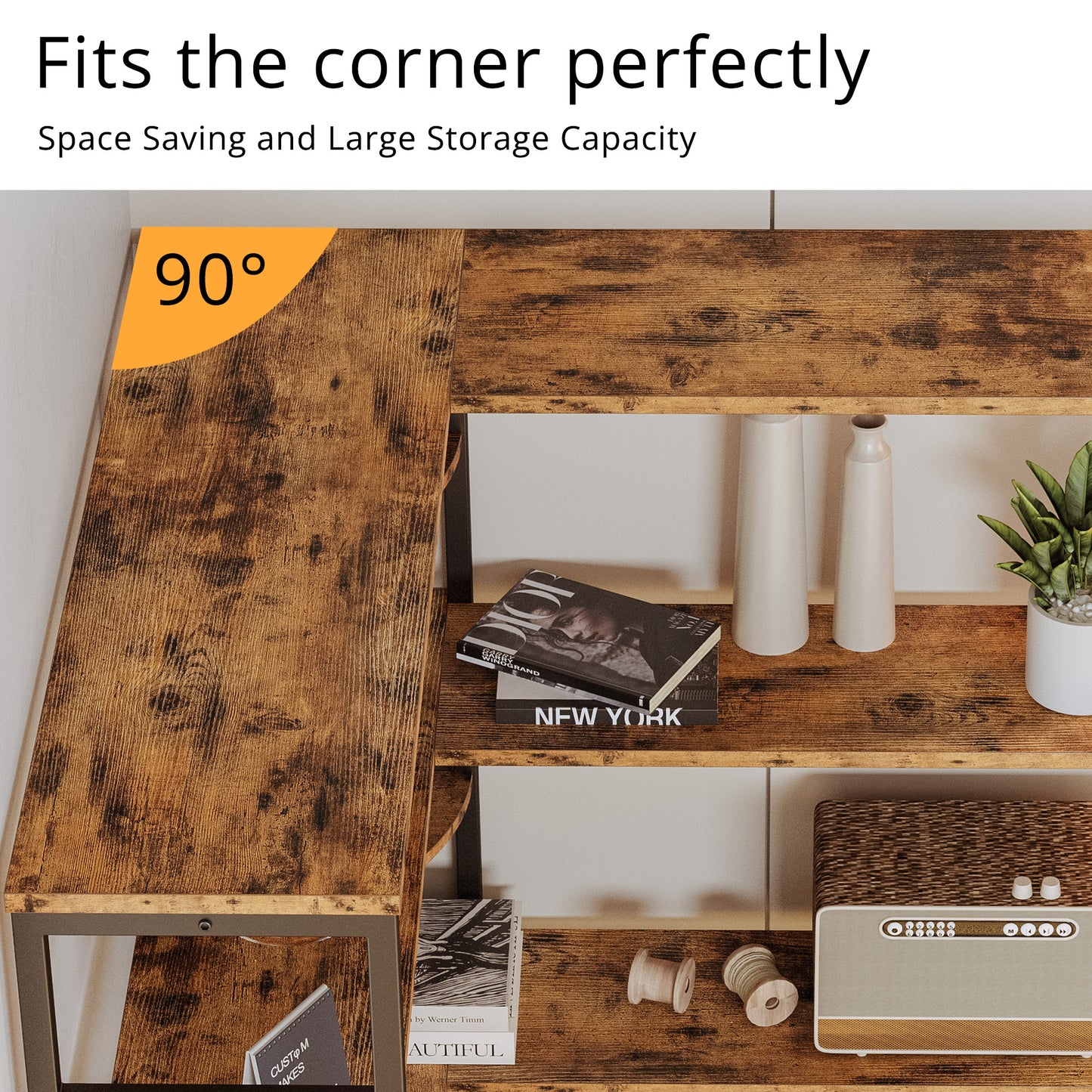 【HOT】5-Tiers Corner Bookcase with Curved Panels