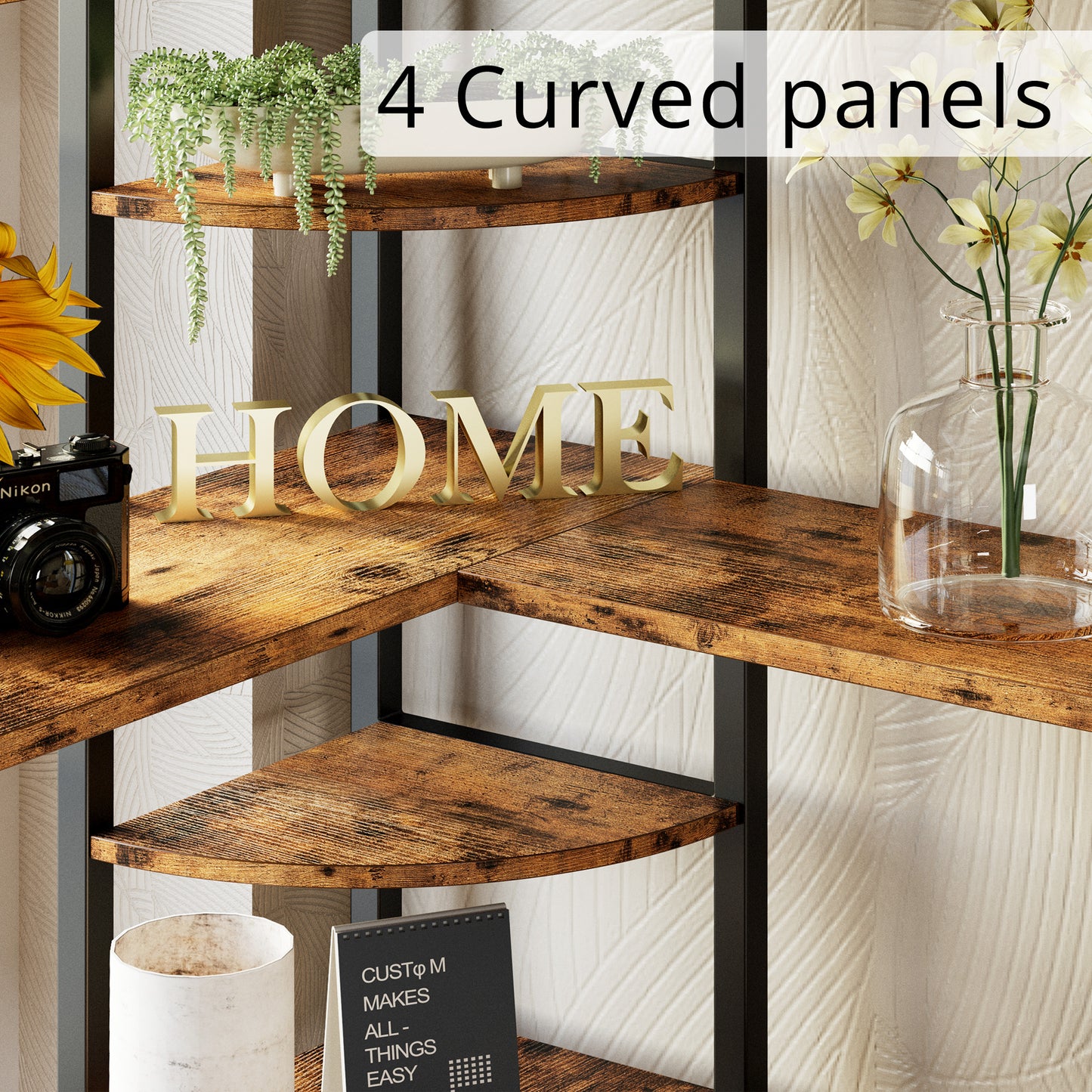 【HOT】5-Tiers Corner Bookcase with Curved Panels