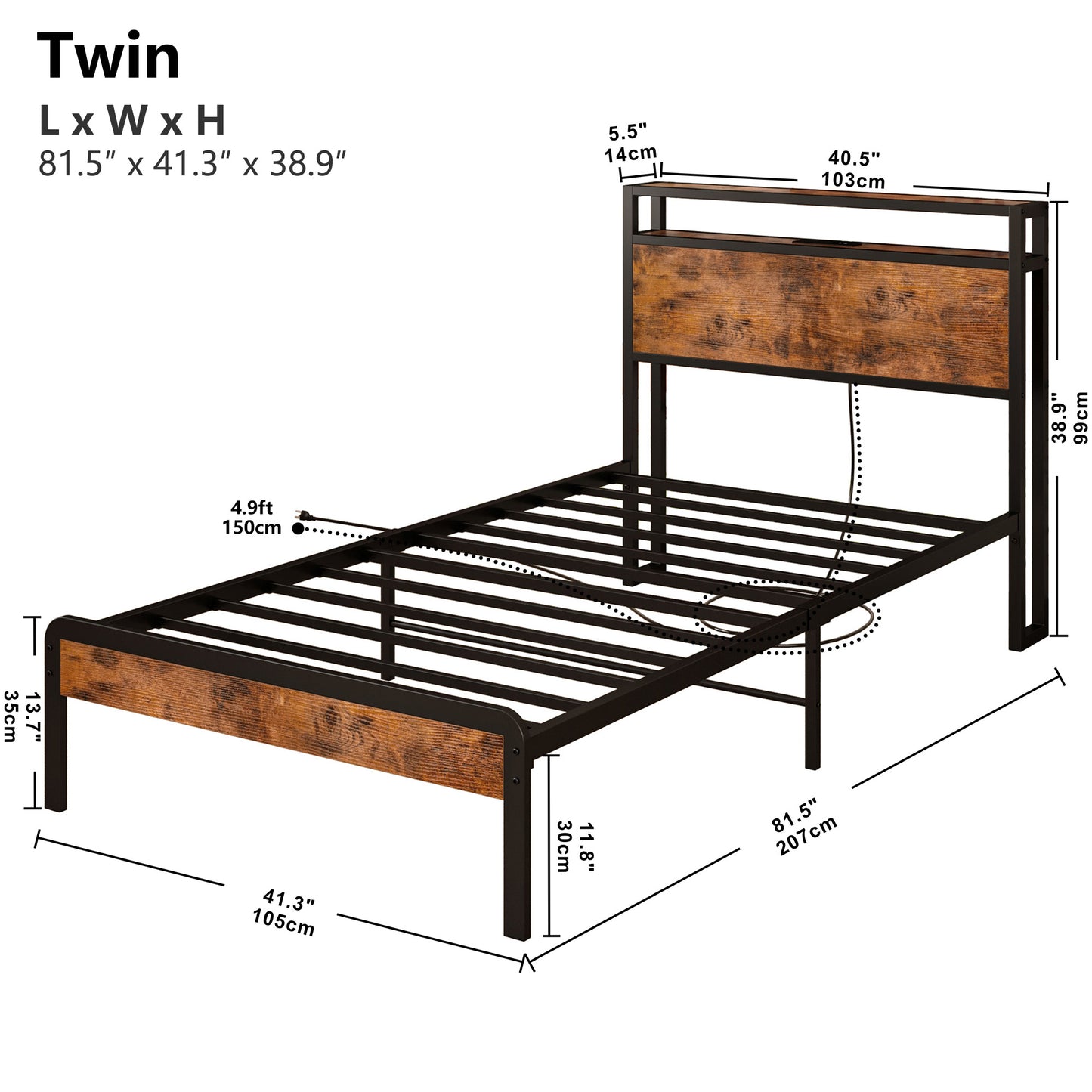 Mental Bed Frame with Charging Station