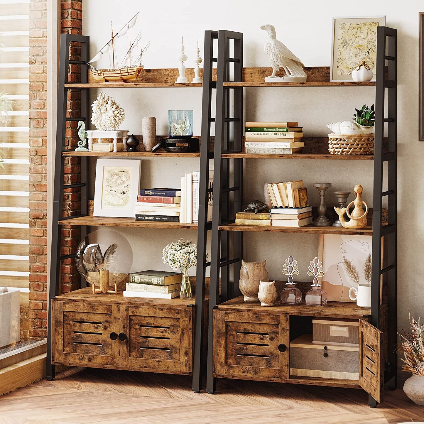 4-Tier Ladder Shelf with Cabinet Rustic Brown