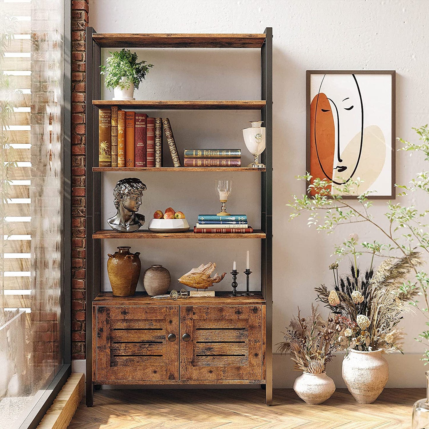 4 Tier Industrial Bookcase with Doors