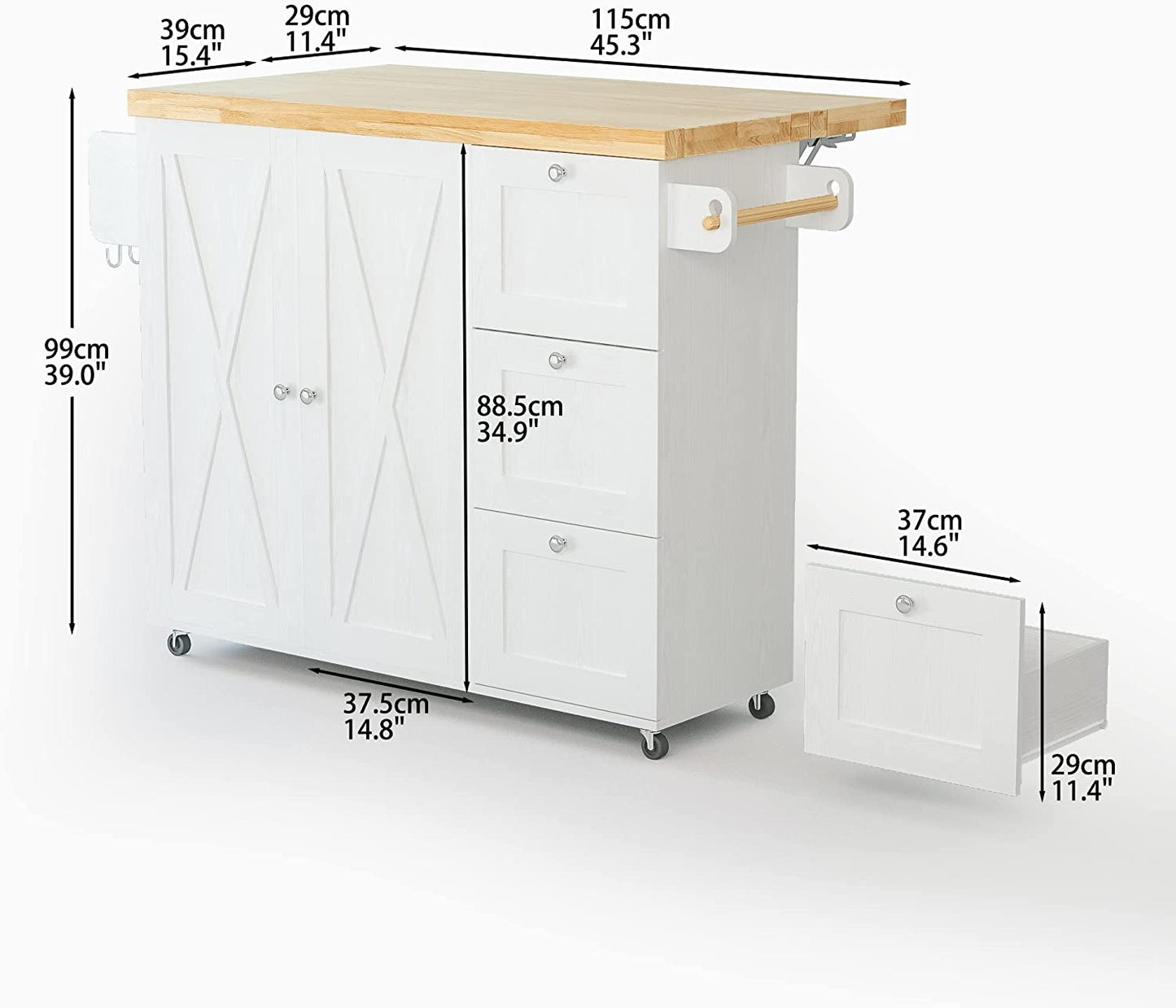 Rolling Kitchen Island with 3 drawers
