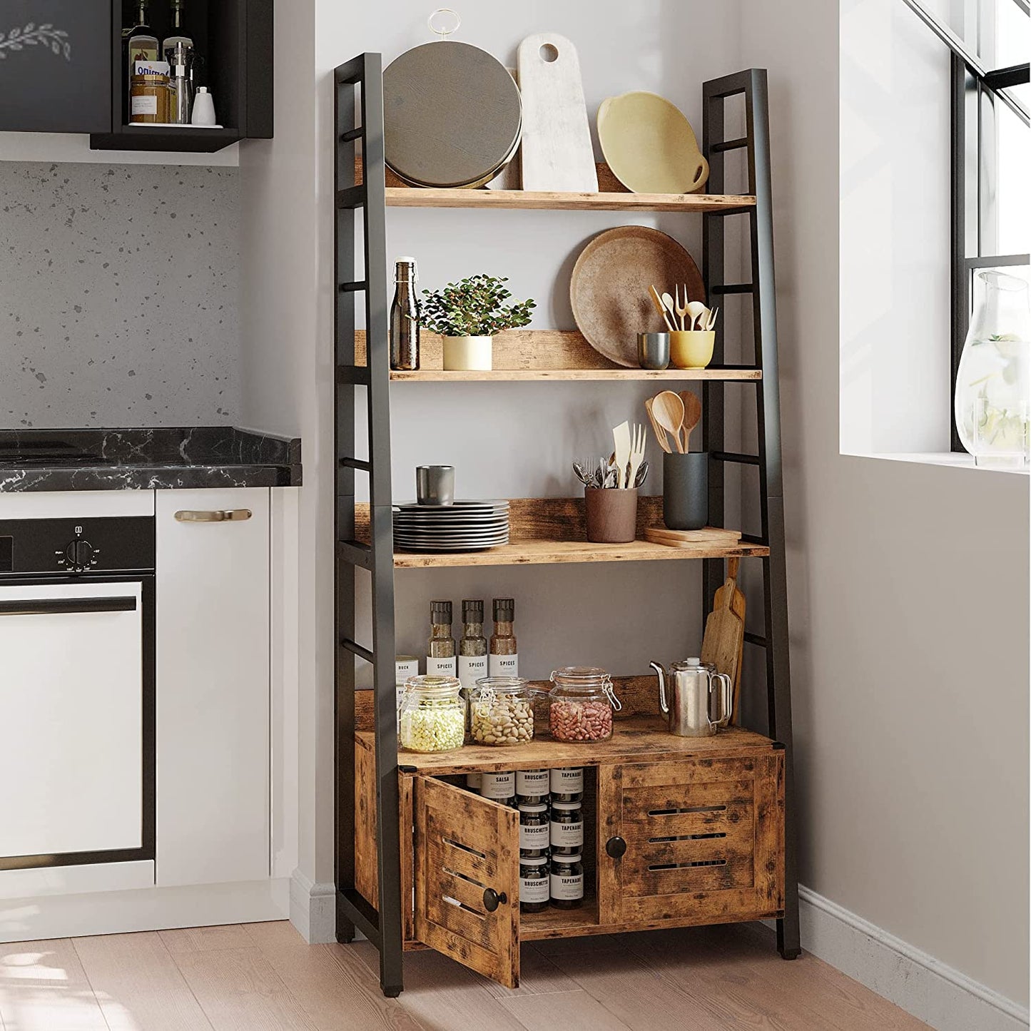 4-Tier Ladder Shelf with Cabinet Rustic Brown