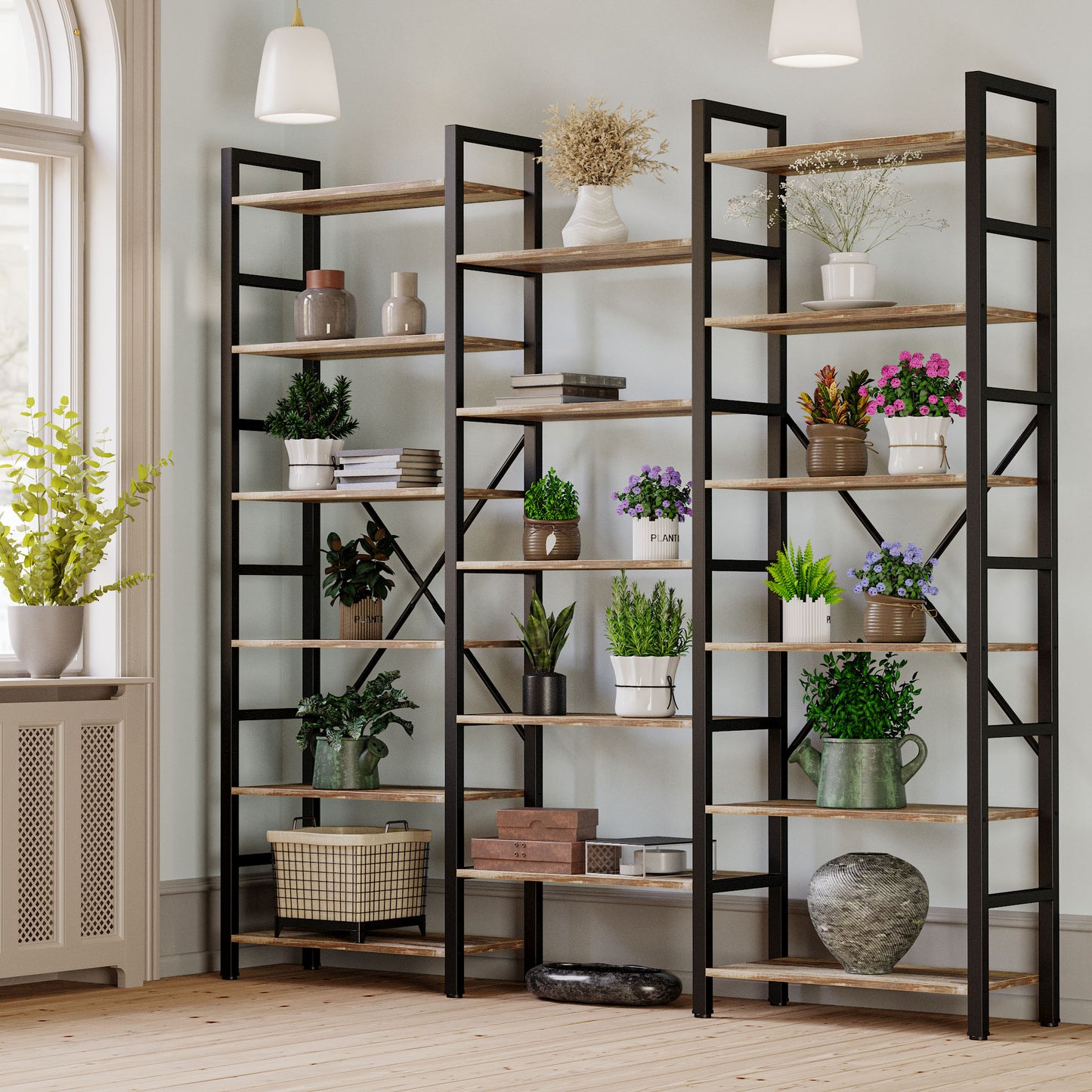【HOT】Large Bookshelf Triple Wide with 6 Tiers Industrial Brown