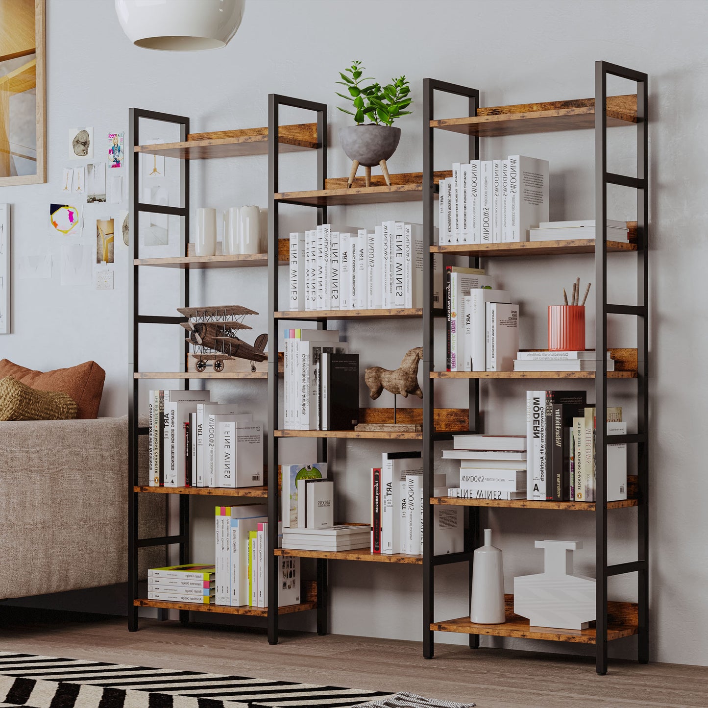 Triple Wide Bookshelf 5 Tiers with Baffles