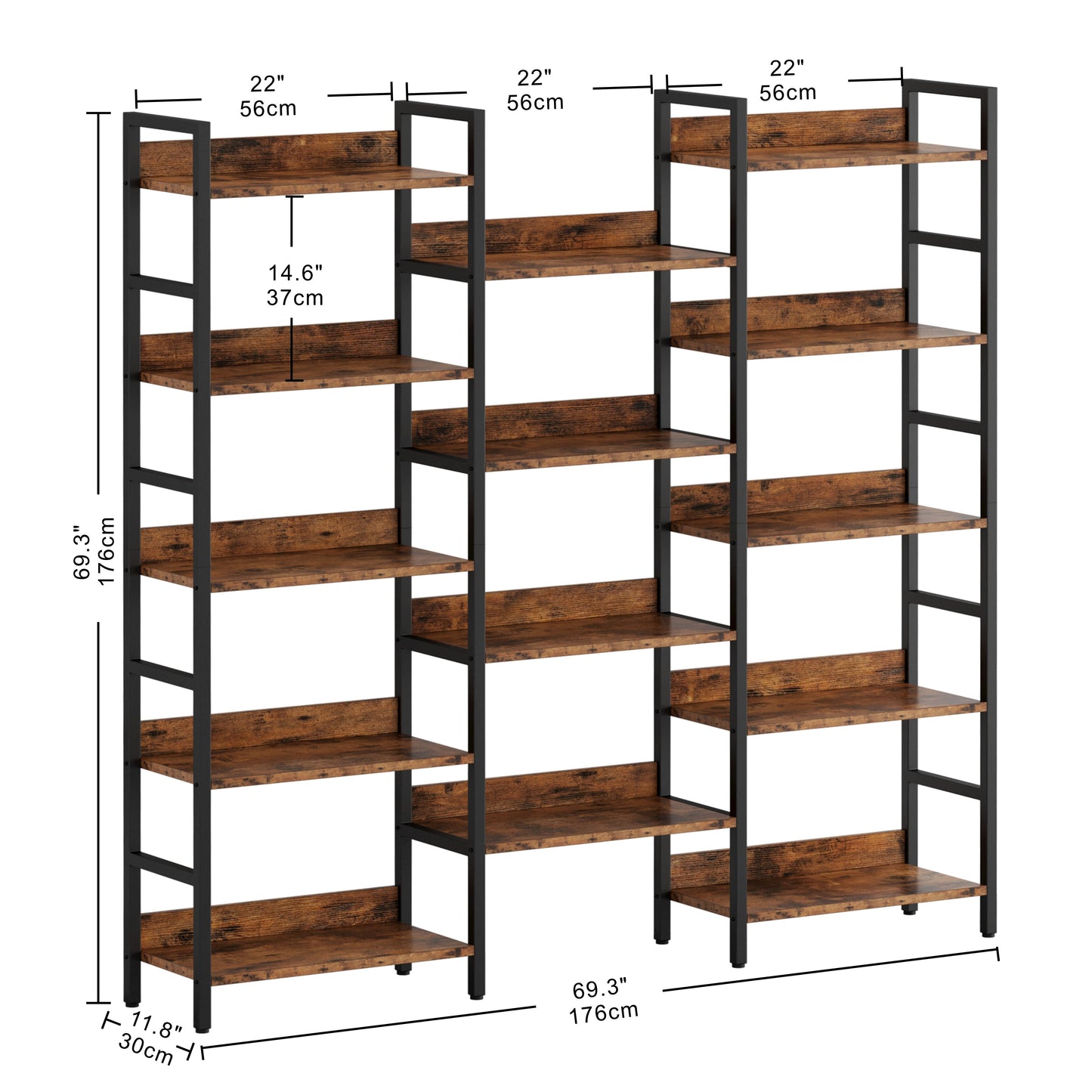 Triple Wide Bookshelf 5 Tiers with Baffles