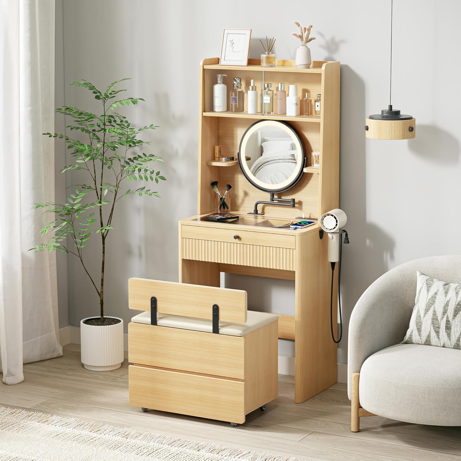 IRONCK small vanity desk with adjustable makeup mirror, LED lights, storage drawers, and charging station
