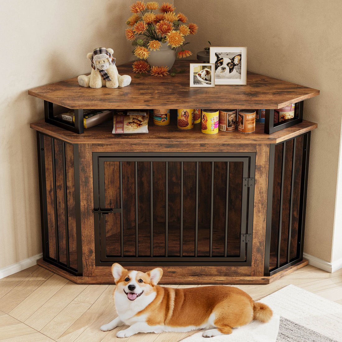 Wooden dog crate furniture styled for living room decor
