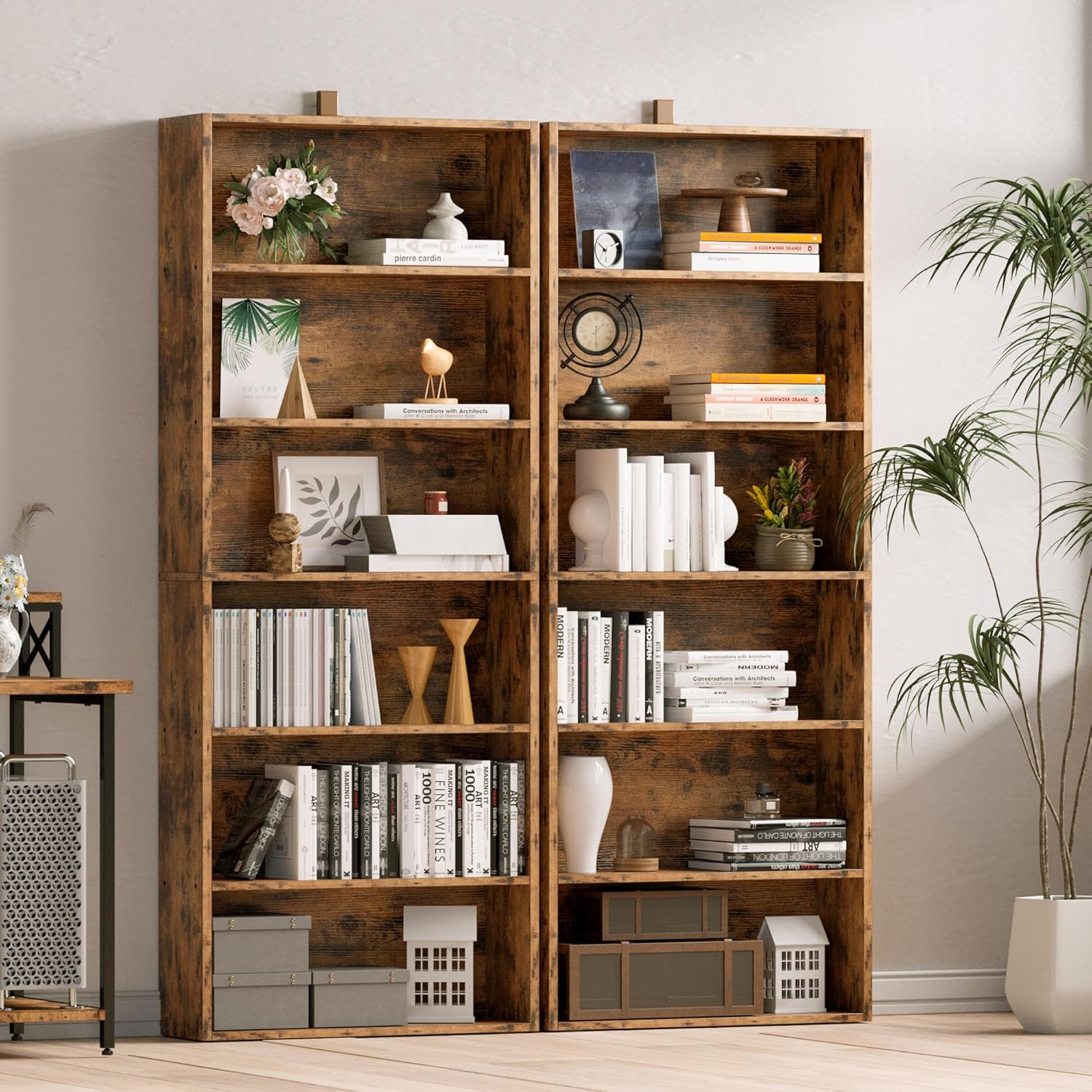 IRONCK 70 inch 6-tier bookcases styled in a living room scene