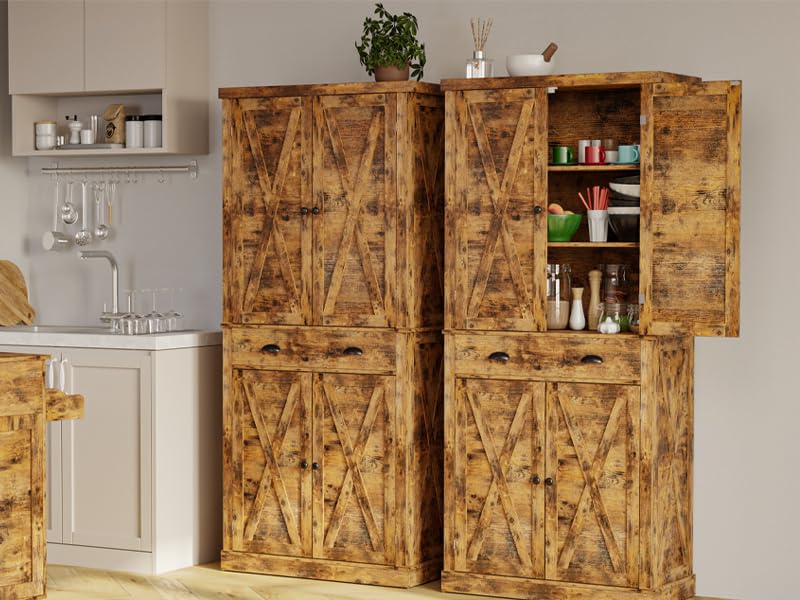 Tall pantry cabinet with adjustable shelves and drawer