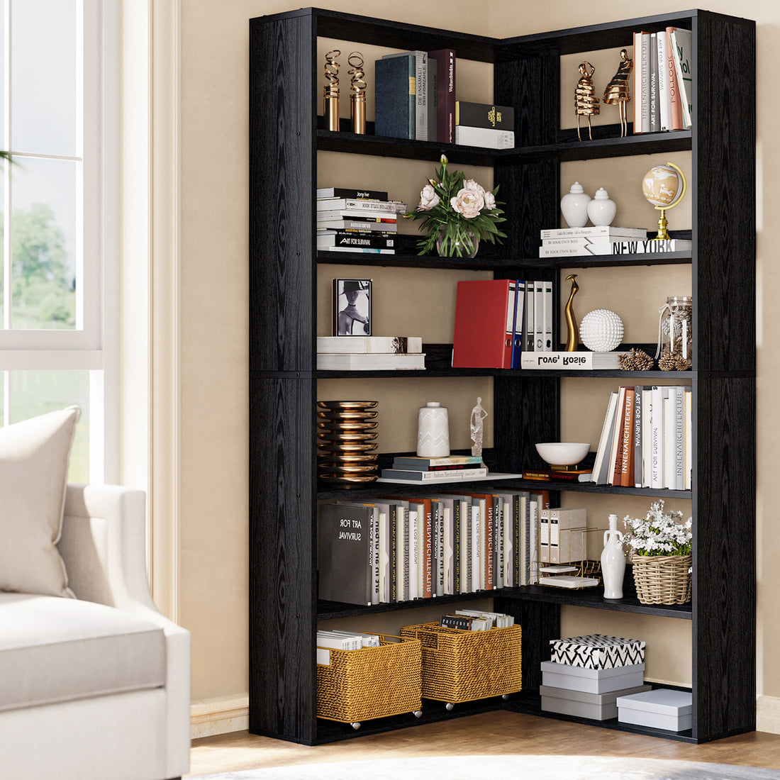 Styled corner bookcase with 6 tiers