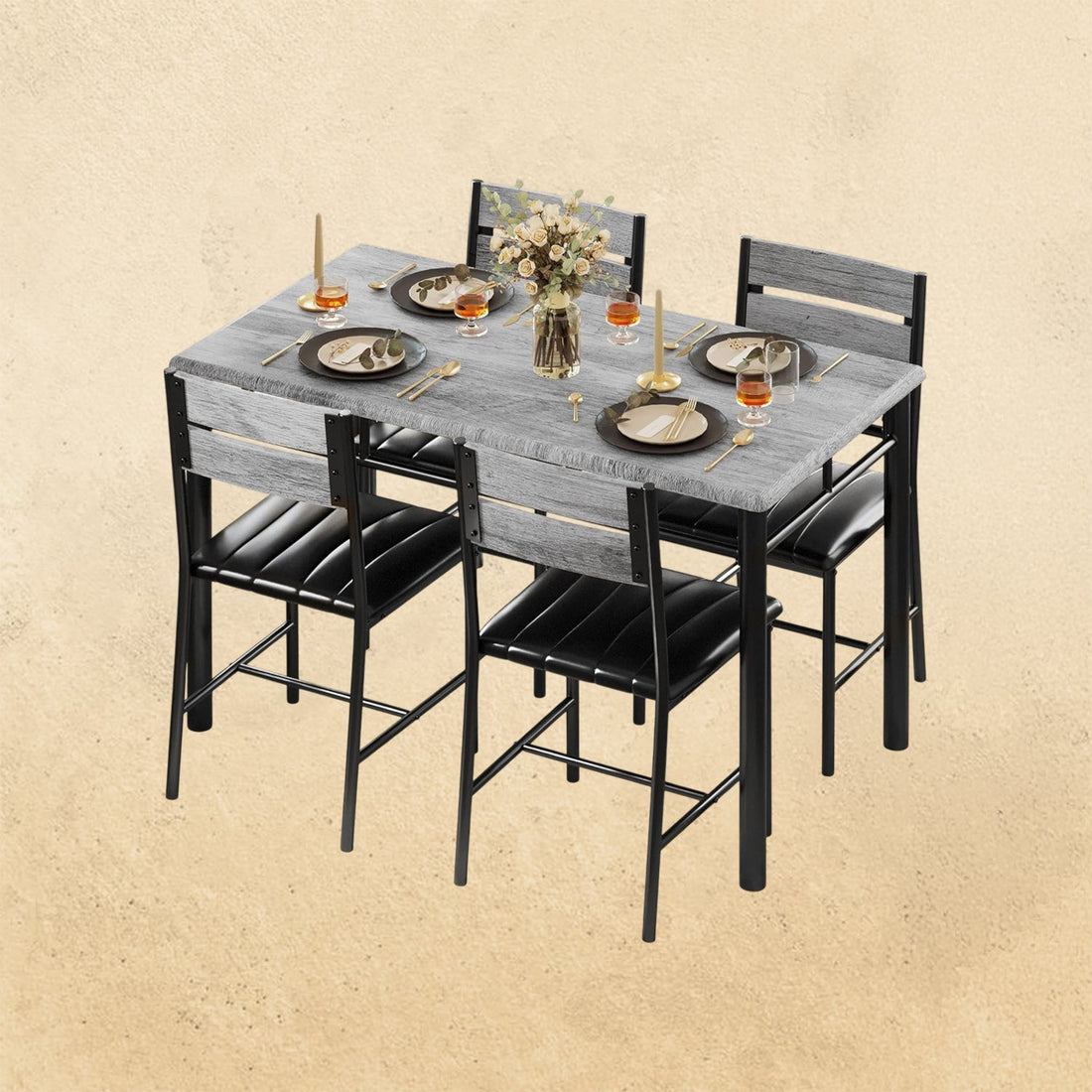 IRONCK Dining Table Set for 4 with upholstered chairs in grey