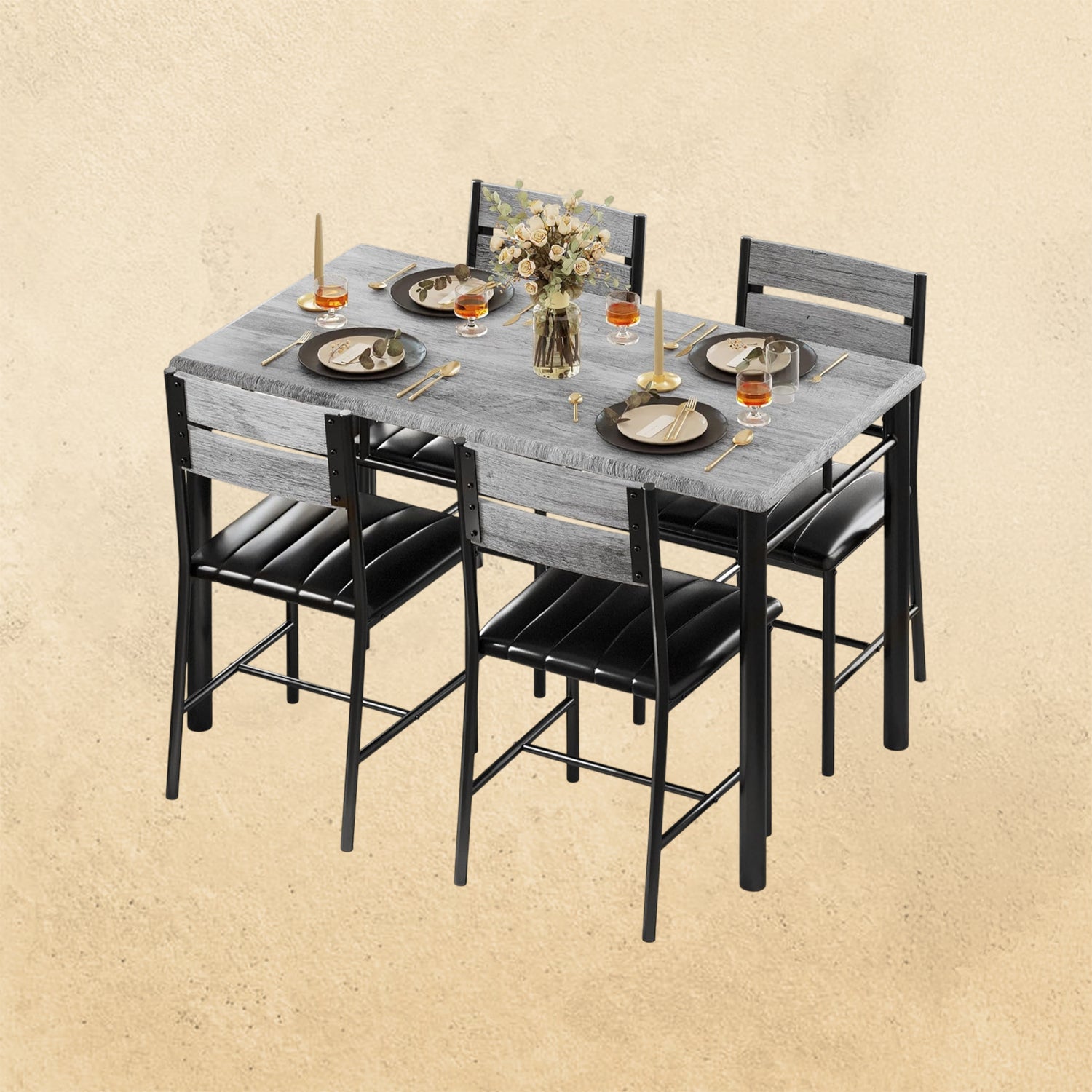 IRONCK Dining Table Set for 4 with upholstered chairs in grey