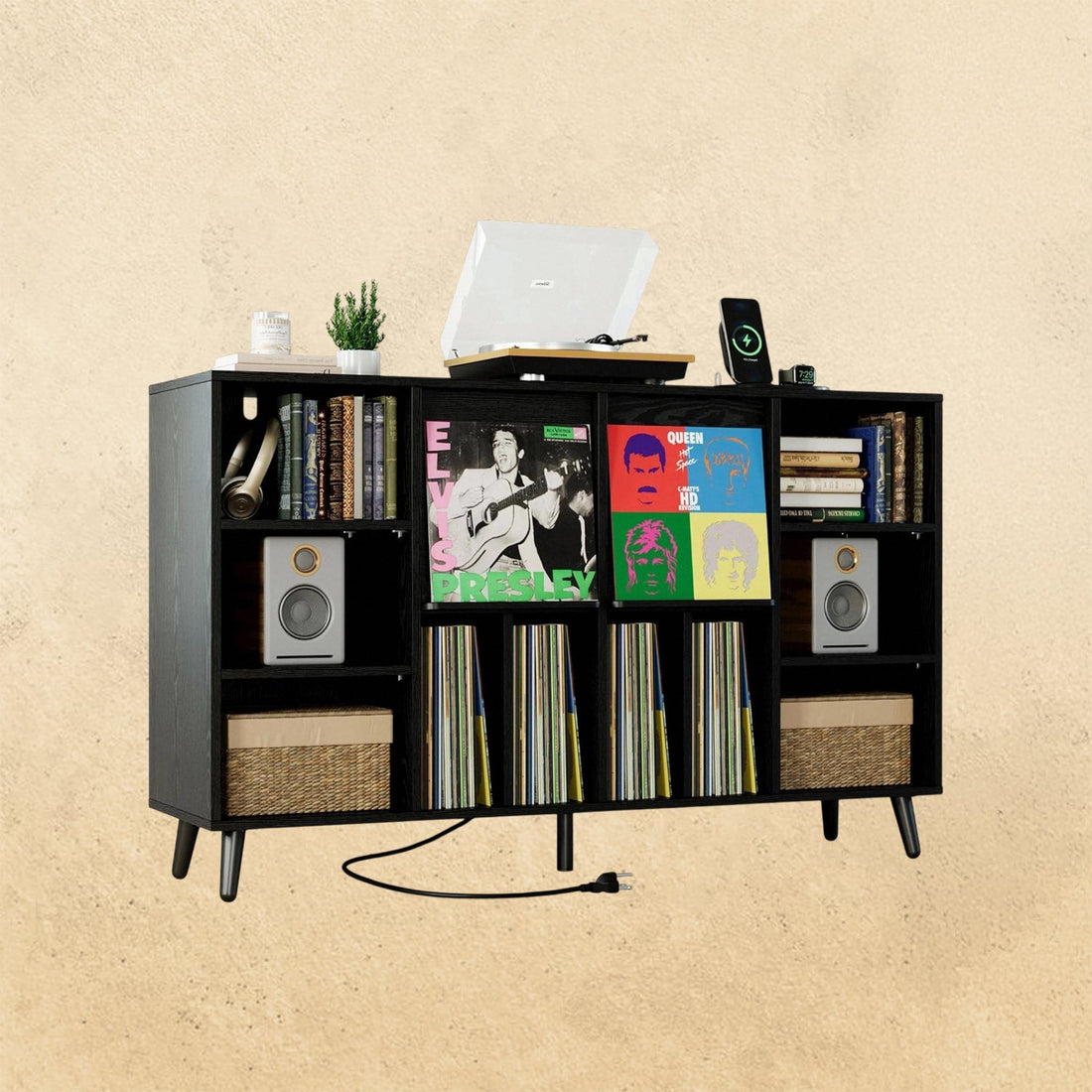 IRONCK record player stand with vinyl record storage and charging station