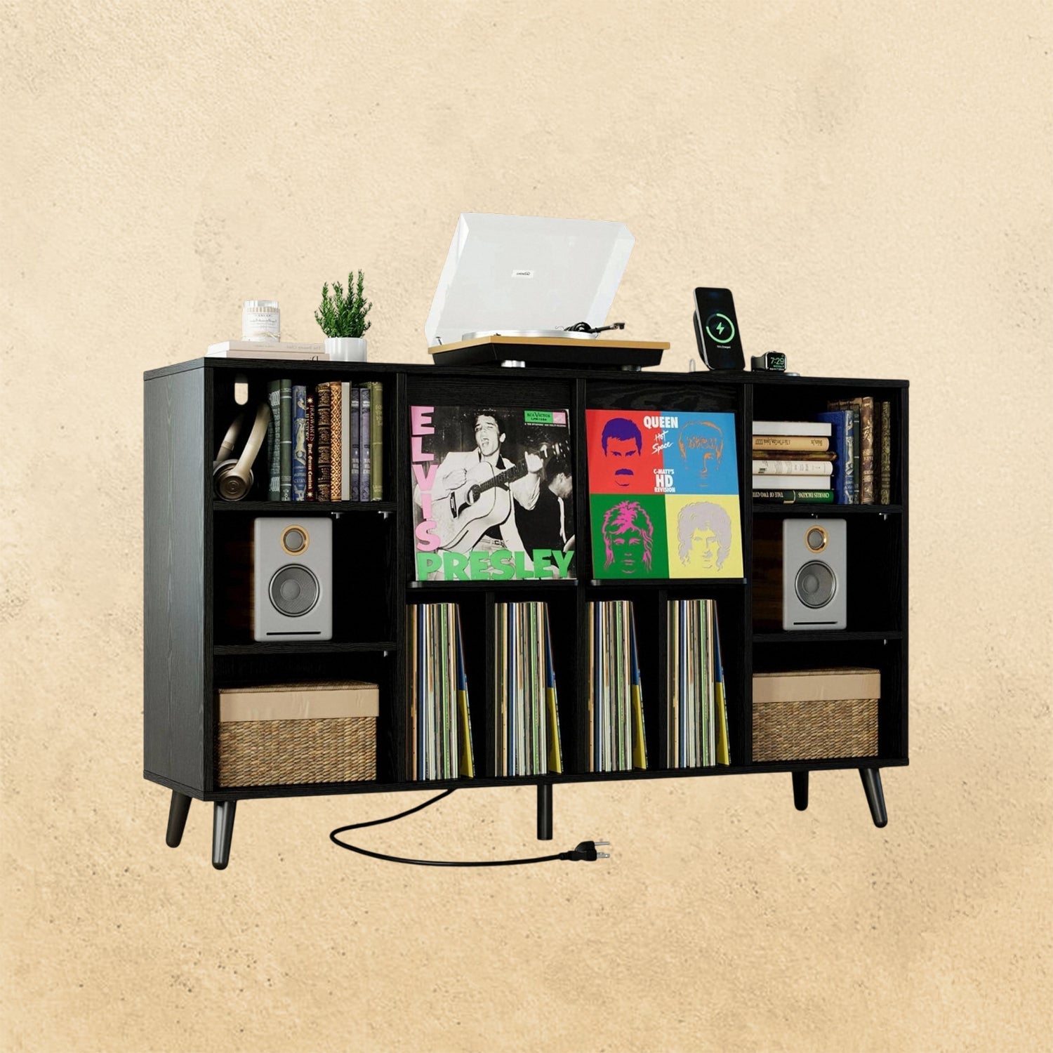IRONCK record player stand with vinyl record storage and charging station