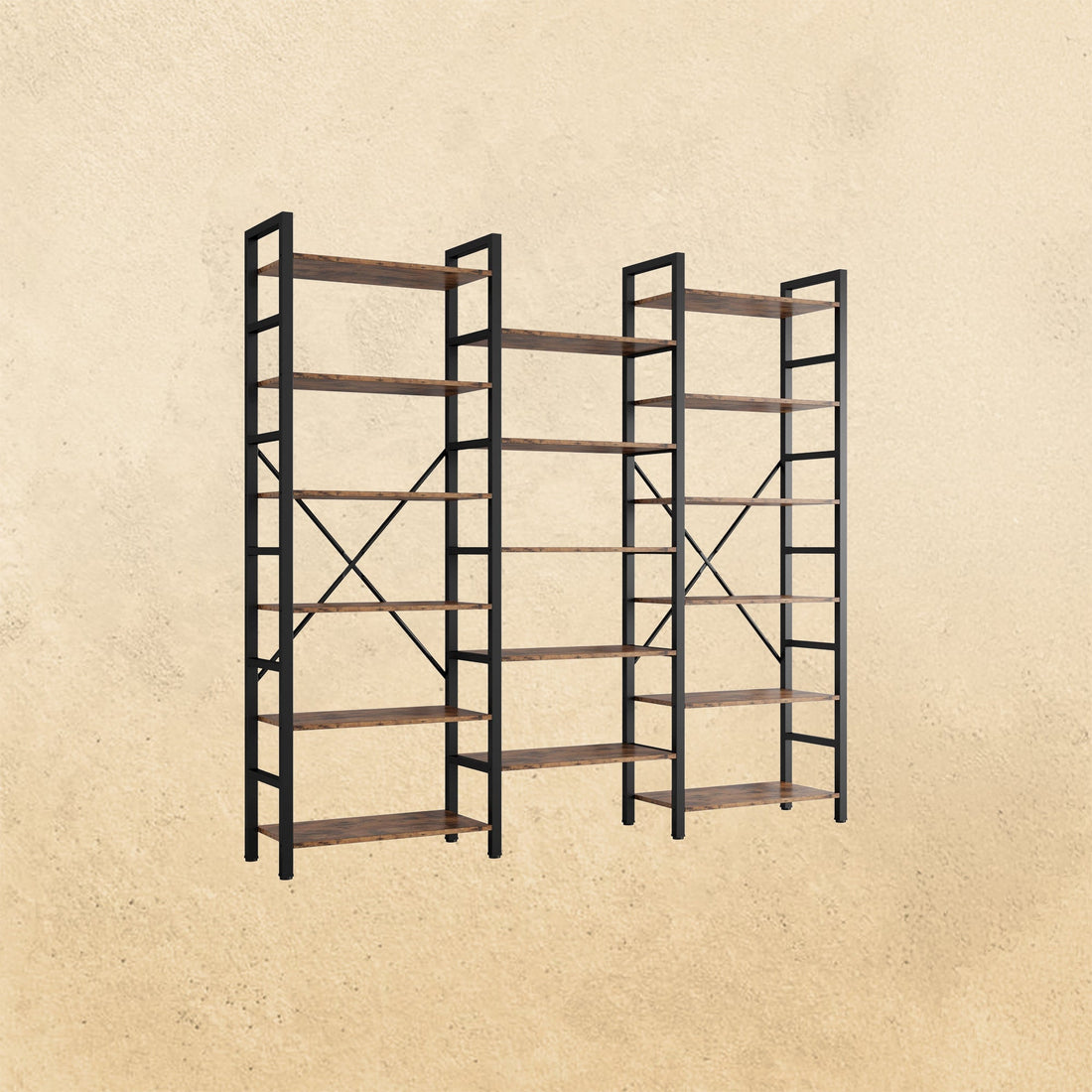 IRONCK triple wide industrial bookshelf styled with books and decor