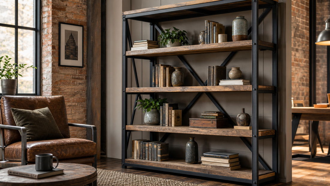 American industrial style bookshelf with black metal frame and reclaimed wood shelves in a warm loft interior