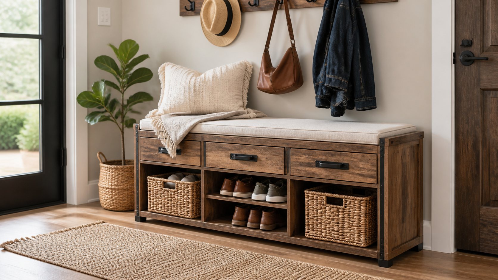 Wood entryway storage bench with cushion and shoe storage in a bright hallway