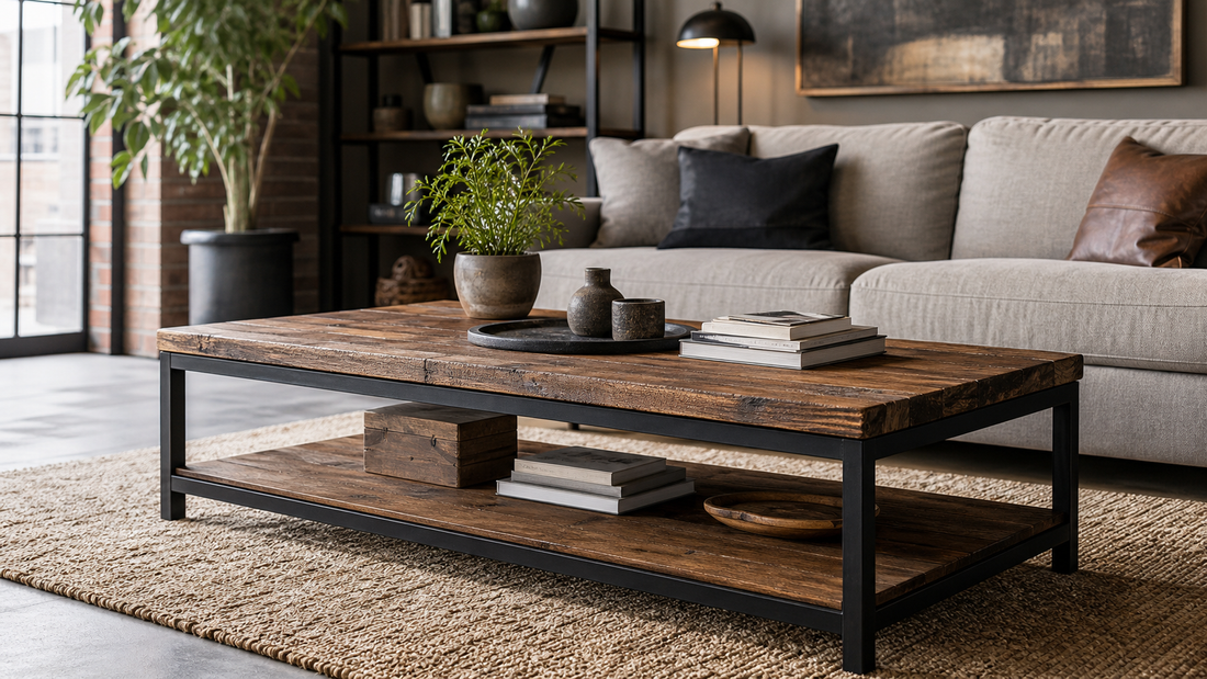 Industrial coffee table with reclaimed wood top and black metal frame in a modern living room