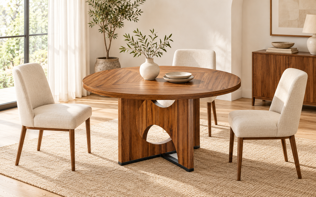 IRONCK walnut-tone round dining table in a bright warm-white modern dining room
