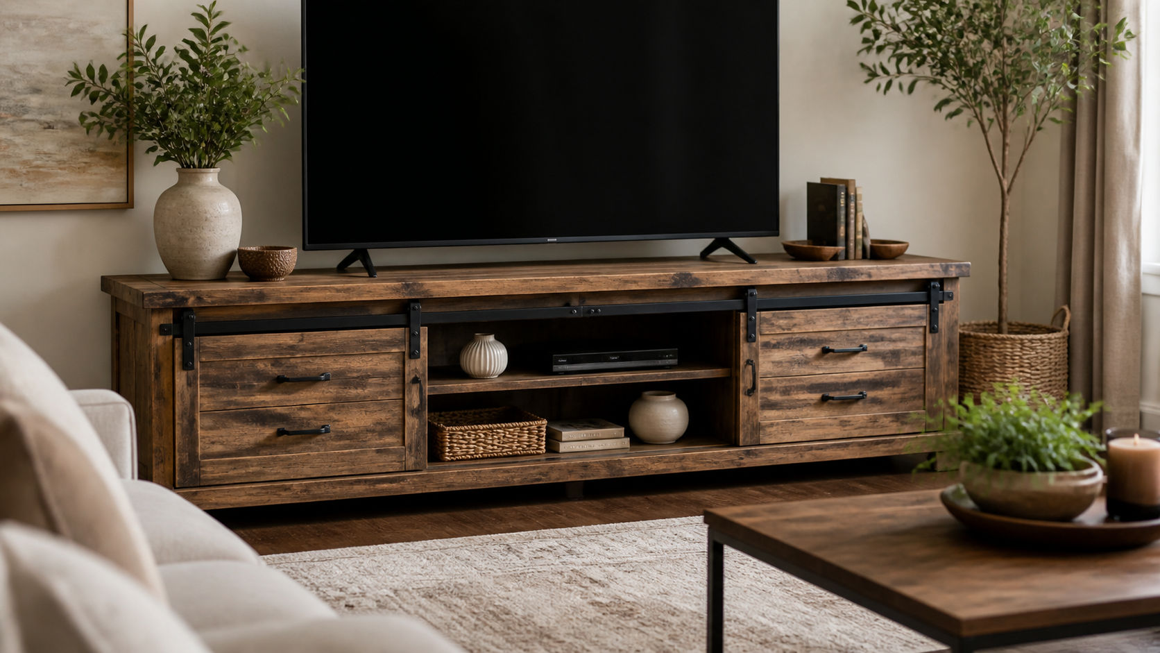 Rustic wood TV stand with black metal hardware in a cozy modern living room