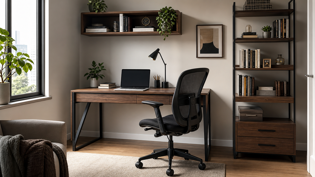 Compact wood desk and shelving setup for a small home office