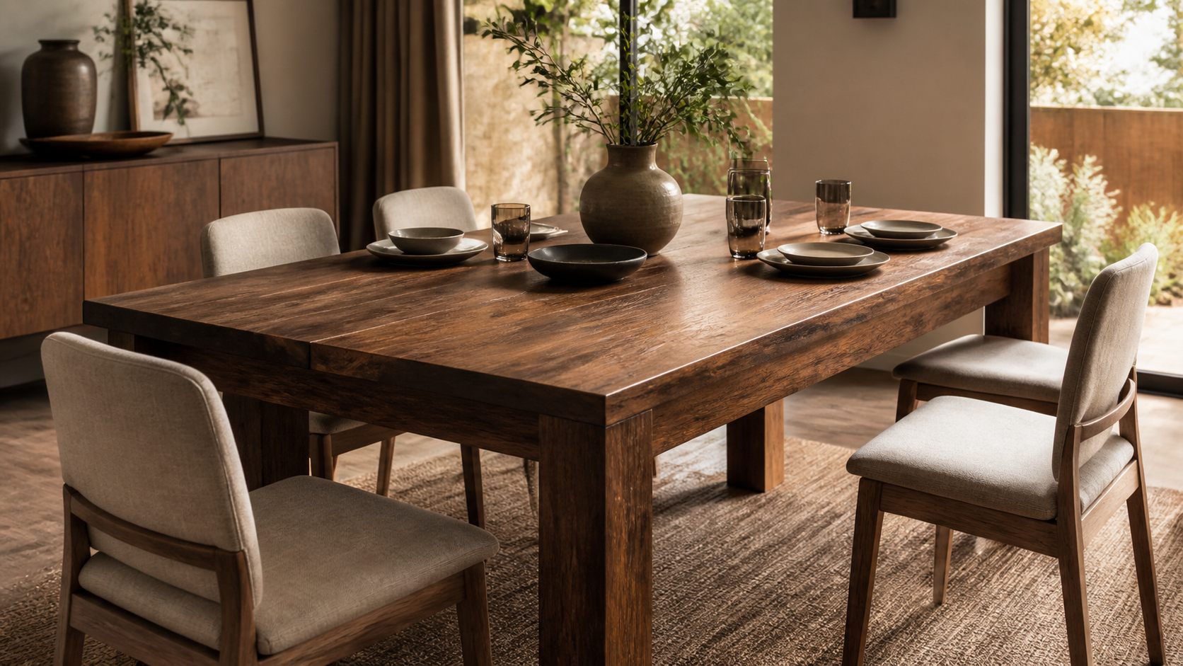 Solid wood dining table with visible grain in a warm modern dining room