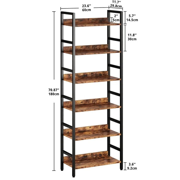 IRONCK Tall Bookshelf, 6 Tiers Metal and Wood Open Bookcase，Brown