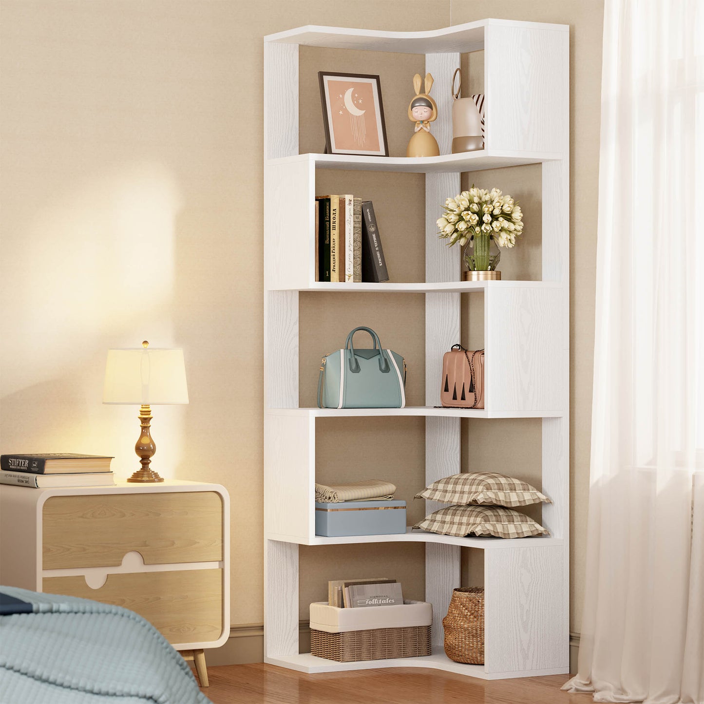 IRONCK 5-Tier Corner Bookcase, Modern L-Shaped Bookshelf