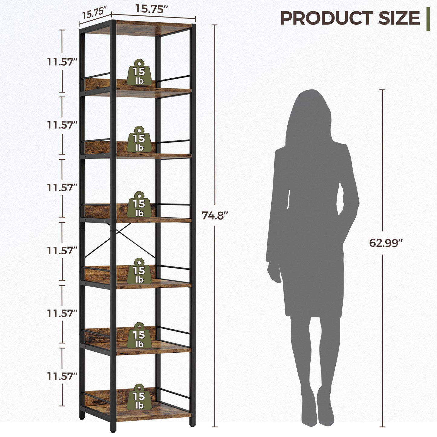IRONCK 74.8" Tall Narrow Bookshelf