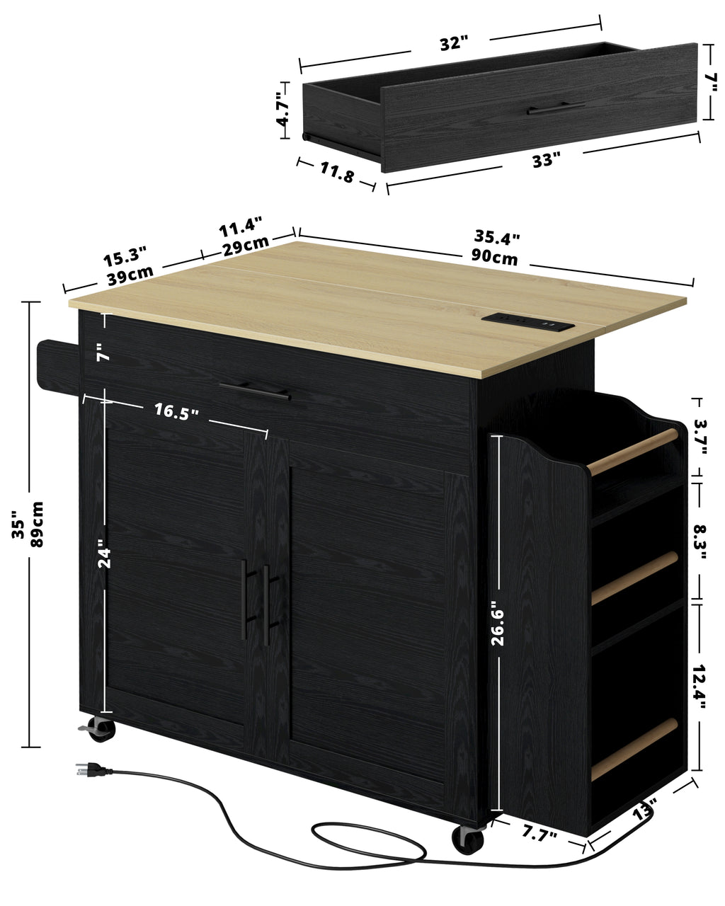 Rolling Kitchen Island with 3 open drawers