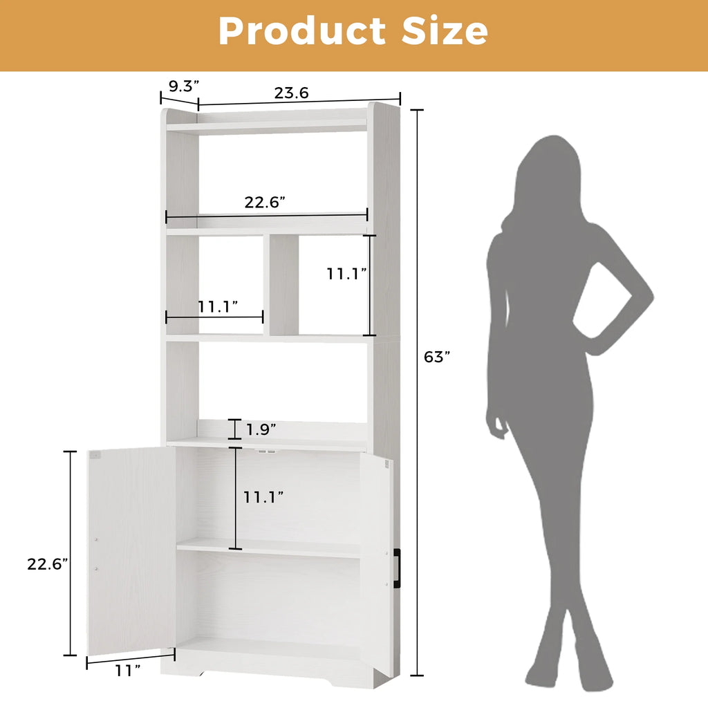 Freestanding 63" Tall Bookcase, Wood Display Storage Cabinet with Closed Doors & Open Shelves for Living Room, Home Office & Bedroom, Black
