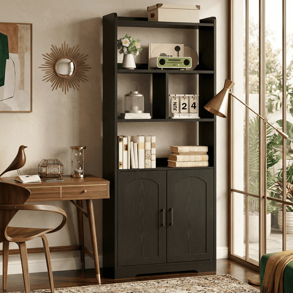 Freestanding 63" Tall Bookcase, Wood Display Storage Cabinet with Closed Doors & Open Shelves for Living Room, Home Office & Bedroom, Black