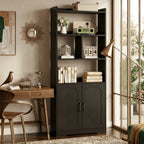 Freestanding 63" Tall Bookcase, Wood Display Storage Cabinet with Closed Doors & Open Shelves for Living Room, Home Office & Bedroom, Black