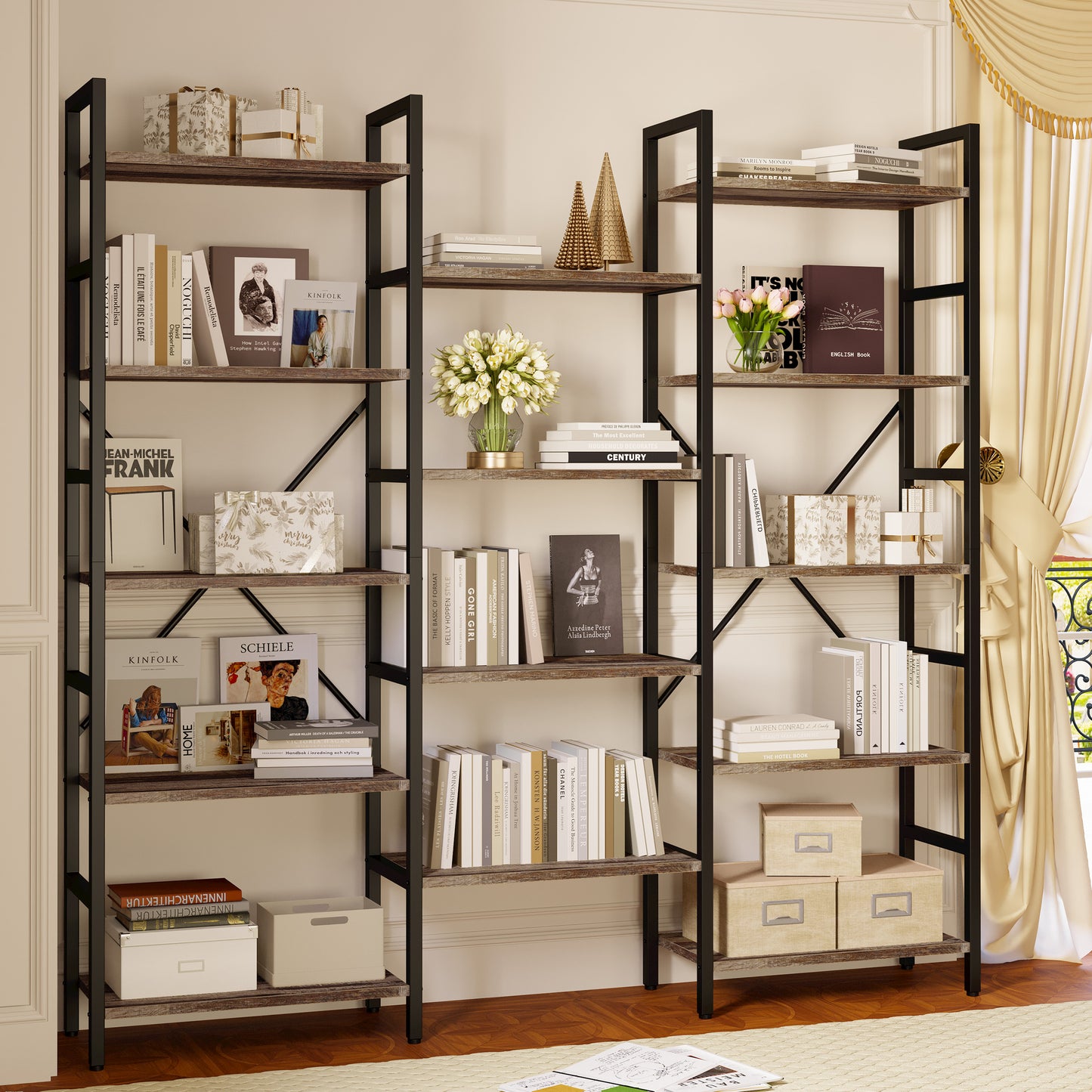 Triple Wide 5 Tiers Industrial Bookshelf