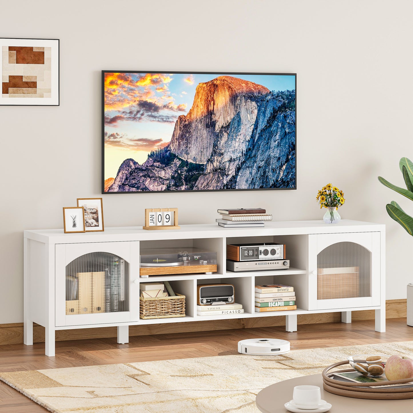 IRONCK LED TV Stand with Power Outlet and Storage Cabinet
