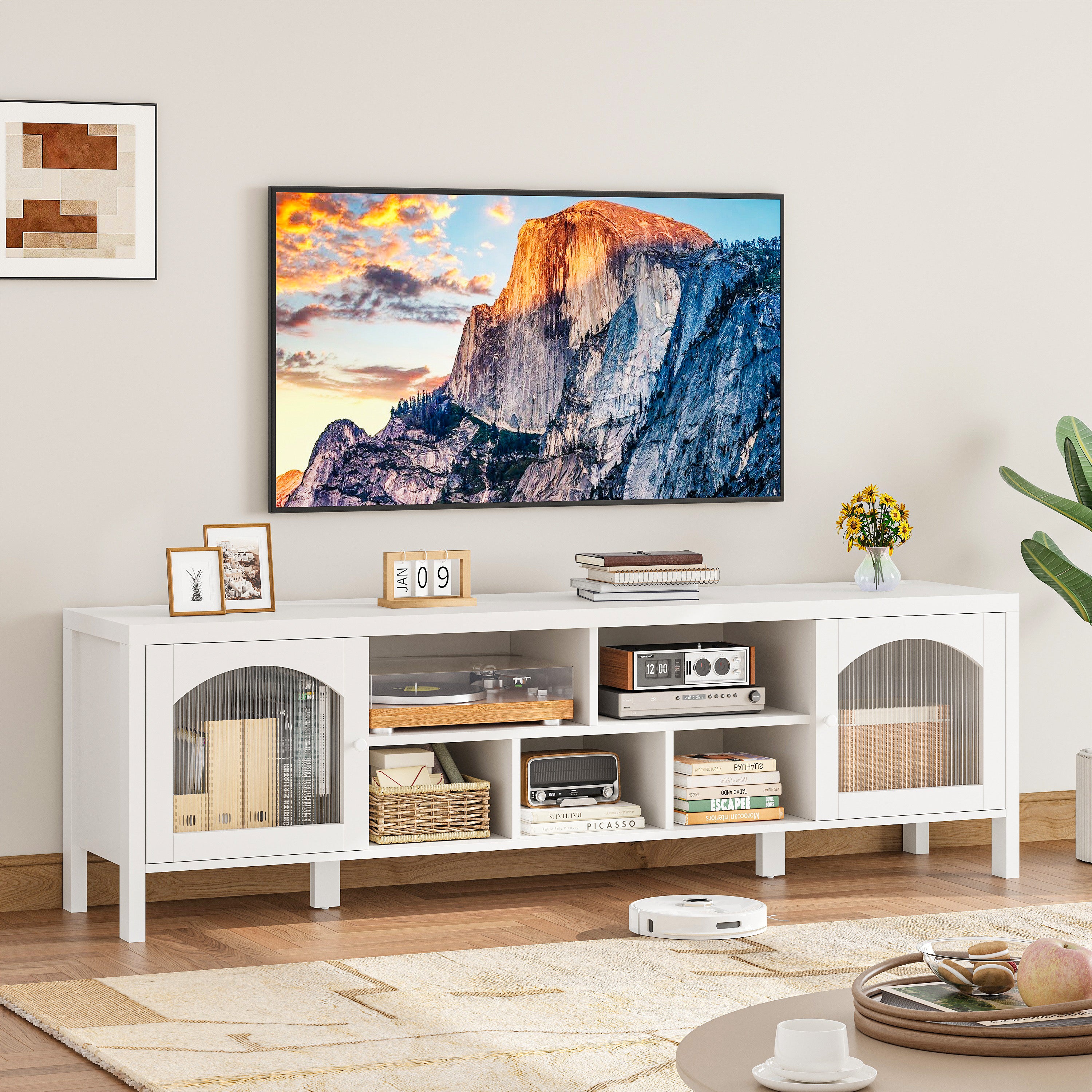 IRONCK LED TV Stand with Power Outlet and Storage Cabinet
