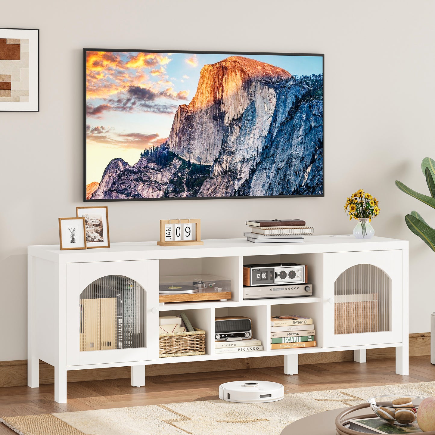 IRONCK LED TV Stand with Power Outlet and Storage Cabinet
