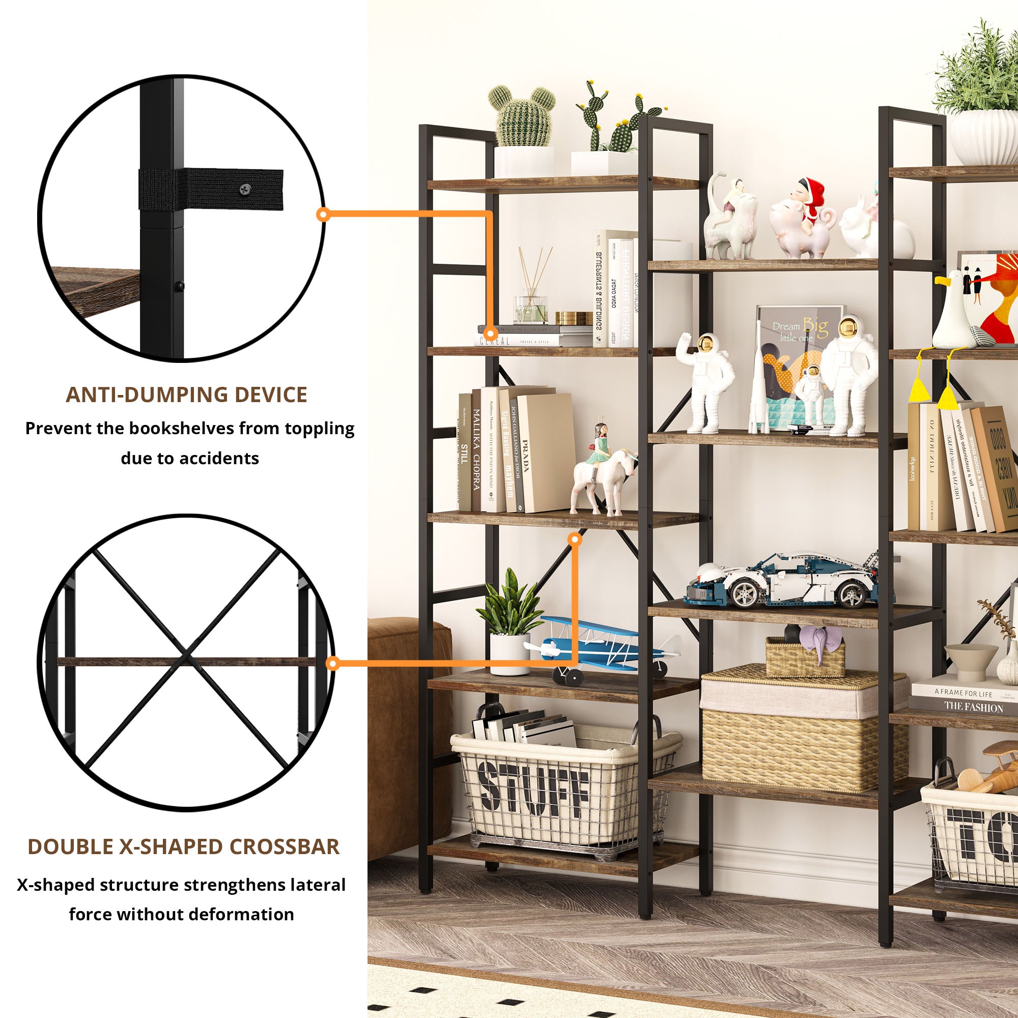 Triple Wide 5 Tiers Industrial Bookshelf