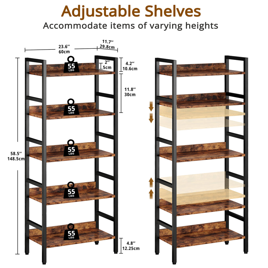 Industrial Bookshelf with Adjustable Shelves