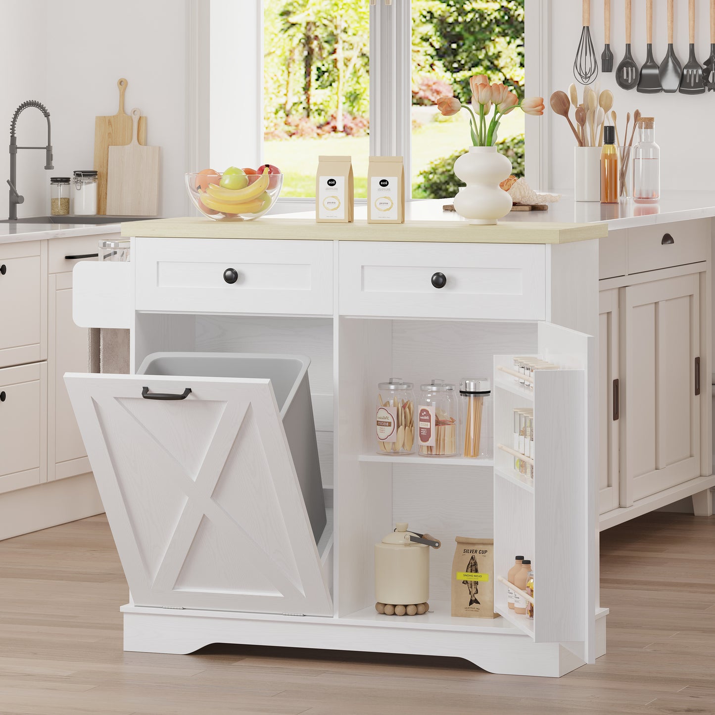 Farmhouse Kitchen Storage Cabinet with Trash Bin