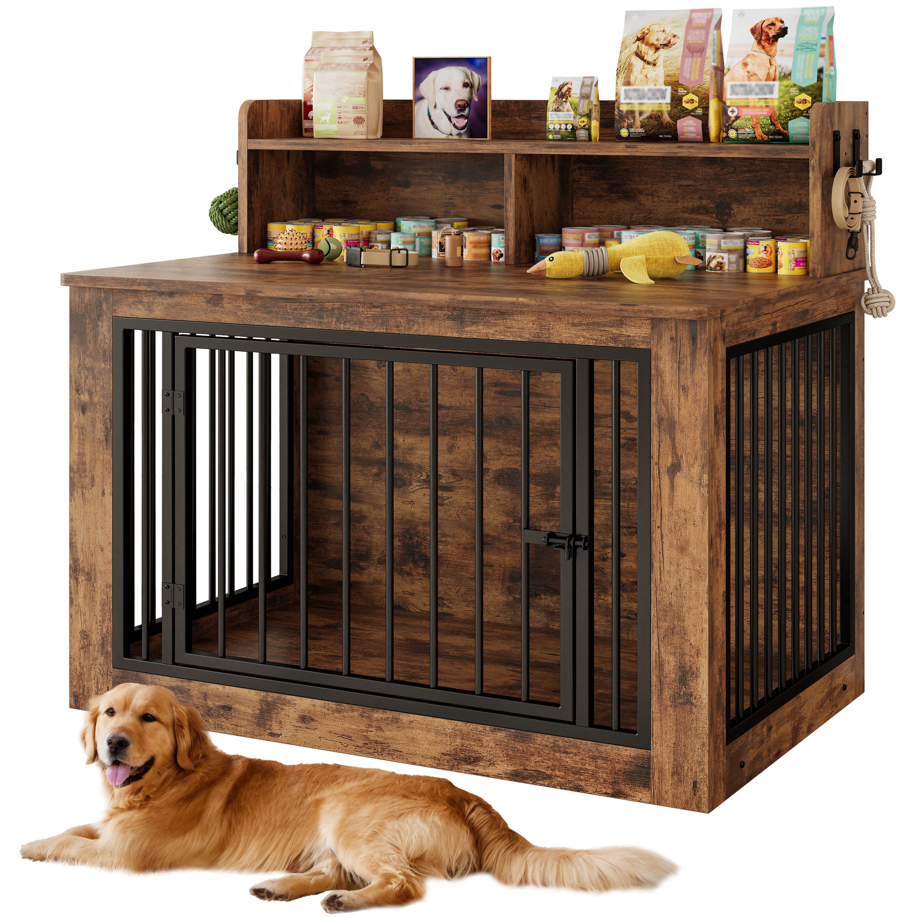 IRONCK Dog Crate Furniture – Wooden Dog  Crate Fuwith Storage Shelf