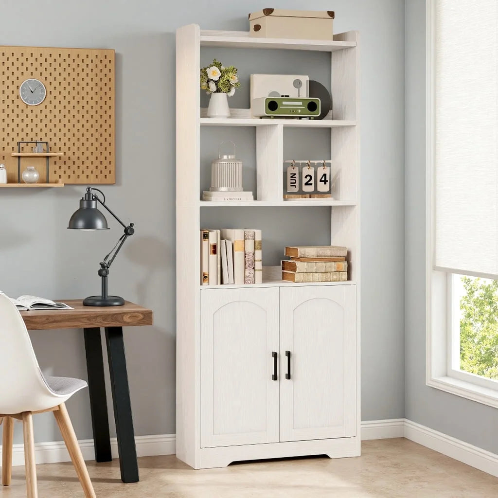 Freestanding 63" Tall Bookcase, Wood Display Storage Cabinet with Closed Doors & Open Shelves for Living Room, Home Office & Bedroom, Black