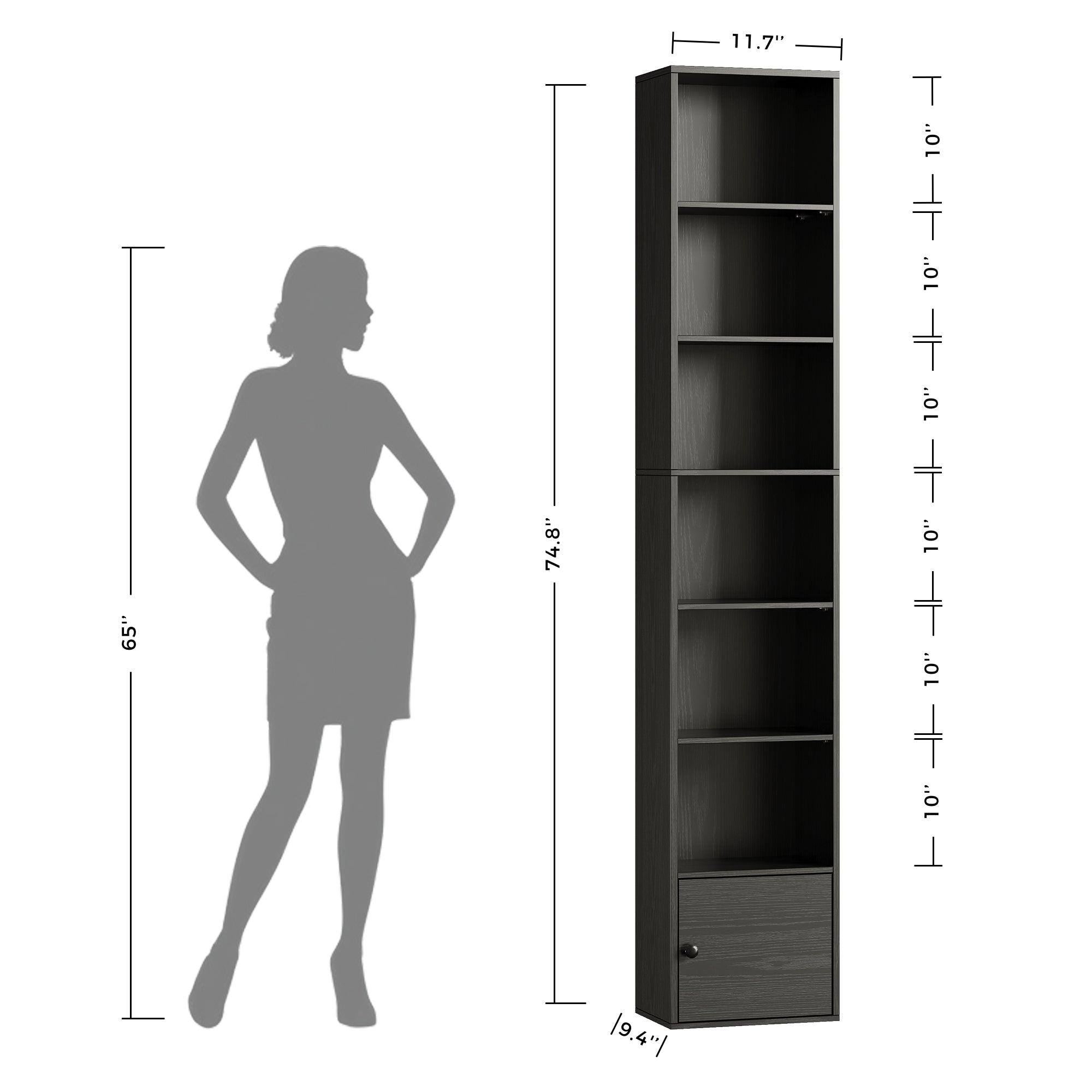 74.8" Tall Narrow Bookcase