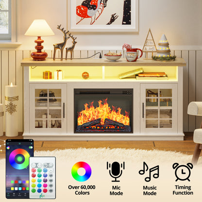 IRONCK Fireplace TV Stand with Power Outlet and LED Light
