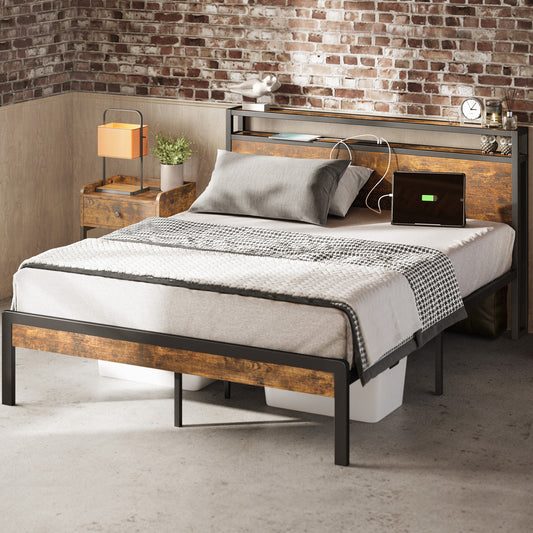 IRONCK  Bed Frame with Storage Headboard and Charging Station,Vintage Brown