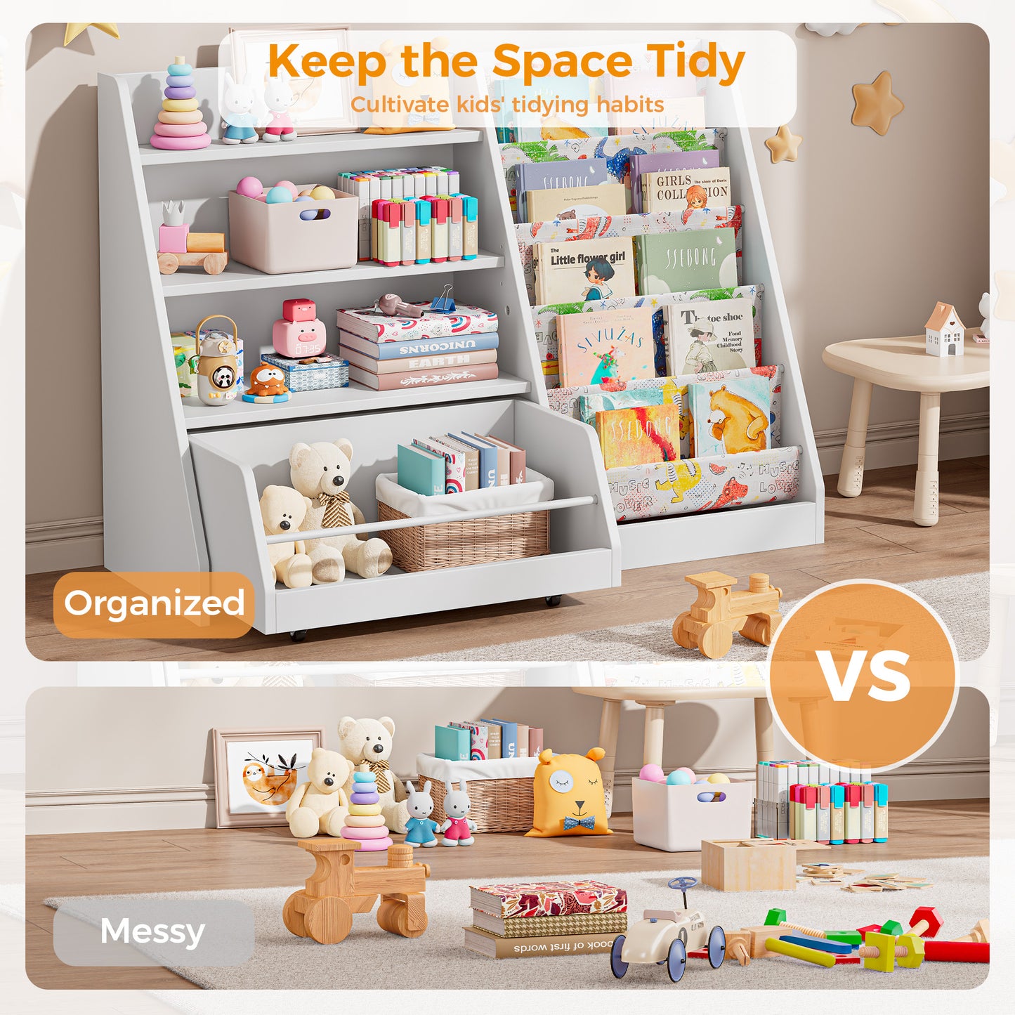 42 Inch Kids Bookshelf, 5 Layer Sling Kids Book Shelf for Kid Rooms, Baby Storage Book Rack, Wood Children Bookcase with Movable Drawer for Playroom, Nursery-Antique White