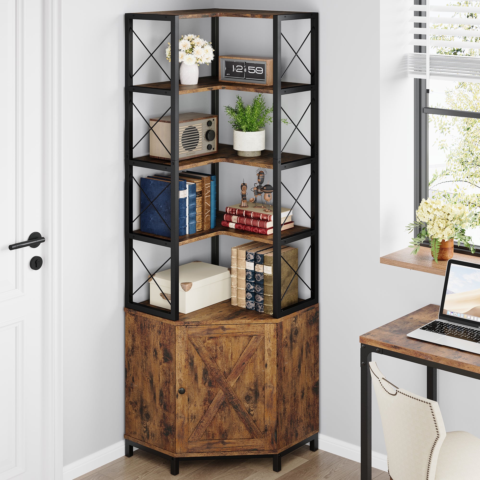 IRONCK 77.9" Tall Corner Bookshelf with Door Cabinet