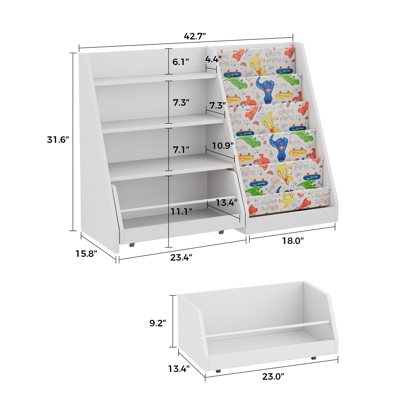 42 Inch Kids Bookshelf, 5 Layer Sling Kids Book Shelf for Kid Rooms, Baby Storage Book Rack, Wood Children Bookcase with Movable Drawer for Playroom, Nursery-Antique White
